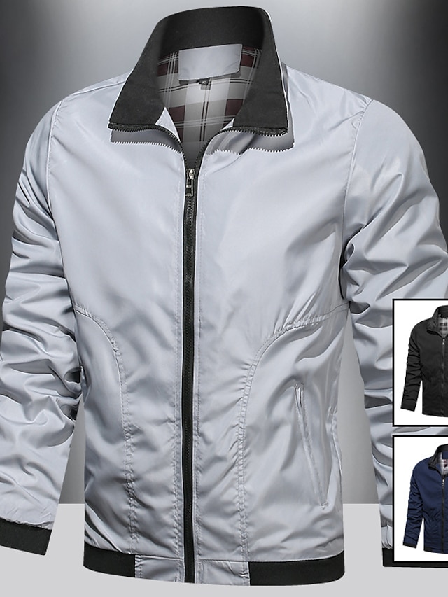  Men's Lightweight Jacket Bomber Jacket Outdoor Daily Wear Warm Fall Winter Plain Fashion Streetwear Lapel Regular Black Dark Blue Grey Jacket