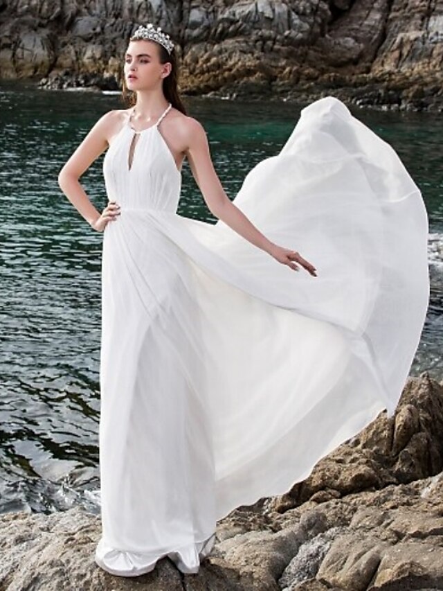  A-Line Halter Neck Floor Length Chiffon Made-To-Measure Wedding Dresses with Draping by LAN TING BRIDE® / Open Back