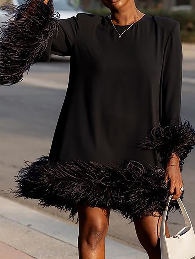  Γυναικεία Μαύρο φόρεμα Μίνι φόρεμα Κουρελού Καθημερινά Ημερομηνία Διακοπές Κομψό Μοντέρνα Στρογγυλή Ψηλή Λαιμόκοψη Μακρυμάνικο Μαύρο Βυσσινί Φούξια Χρώμα