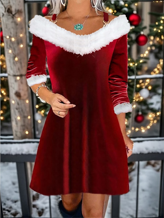  Dame Fløyelskjole Festkjole Fjærkjole Fløyel V-hals Langermet Fargeblokk Mini kjole Jul Vin Grønn Vår Vinter