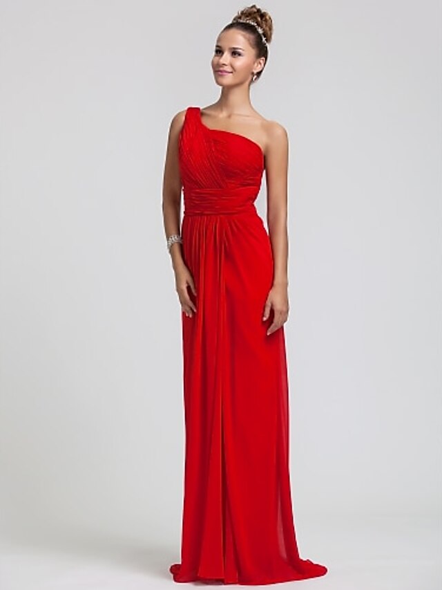  Sheath / Column One Shoulder Floor Length Chiffon Bridesmaid Dress with Ruched Criss Cross Split Front by LAN TING BRIDE®