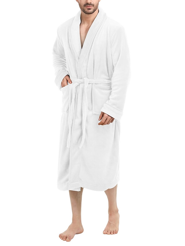  Homens Pijamas manto Roupões de banho Roupão Tecido à moda Casual Conforto Casa Diário De Cama Flanela Conforto Quente Lapela Manga Longa Bolsos Cinto Incluso Outono Inverno Preto Branco