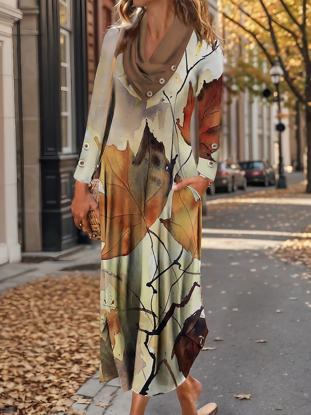 Γυναικεία Χειμερινό φόρεμα Φύλλο Στάμπα Με σούρα στο λαιμό Μακρύ Φόρεμα Μάξι Φόρεμα Καθημερινά Μακρυμάνικο Φθινόπωρο Χειμώνας