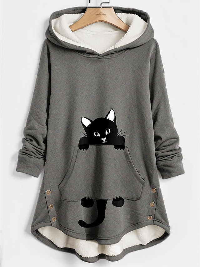  Women's Hoodie Sweatshirt Pullover Sherpa Fleece Lined Cat Casual Sports Print Button Front Pocket Pink Blue Gray Warm Funny Fuzzy Hoodie Long Sleeve Top Micro-elastic Fall & Winter