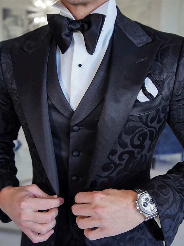  Tuxedos noir pour hommes, 3 pièces, en jacquard floral, grande taille, coupe ajustée, simple boutonnage, un bouton, 2024