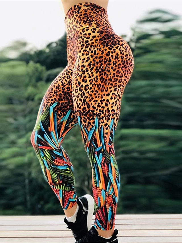  Mulheres Leggings Poliéster Leopardo Spot de Luz Multi-Colorida Amarelo Ativo Cintura Alta Comprimento total Ao ar livre Ioga Outono Inverno