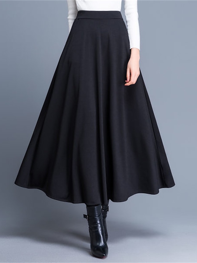  Women's Skirt A Line Swing Midi High Waist Skirts Pocket Solid Colored Street Daily Winter Polyester Elegant Fashion Wine Black Red