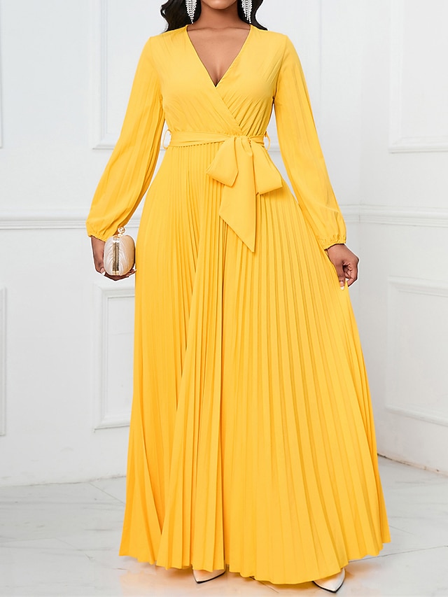  Women's Swing Dress Plain Dress Long Dress Maxi Dress Lace up Pleated Party Wedding Guest Holiday Fashion Elegant V Neck Long Sleeve 2023 Regular Fit Black Yellow Red Color S M L XL XXL Size