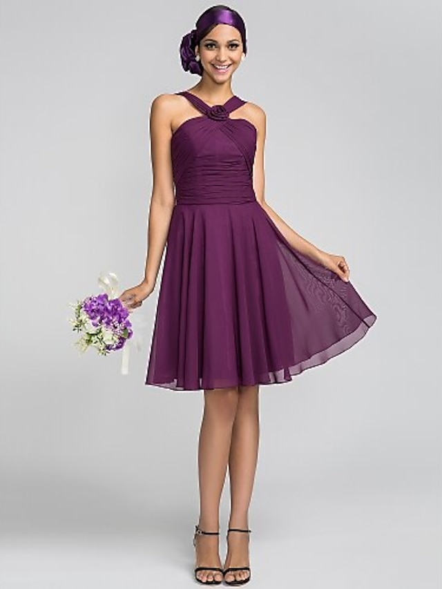  A-Line Princess Halter Knee Length Chiffon Bridesmaid Dress with Flower Ruched Criss Cross by LAN TING BRIDE®