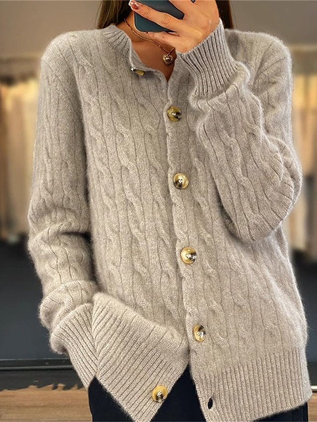  Women's Cardigan Crew Neck Cable Knit Acrylic Button Knitted Fall Winter Regular Outdoor Daily Going out Fashion Streetwear Casual Long Sleeve Solid Color White Pink Camel S M L