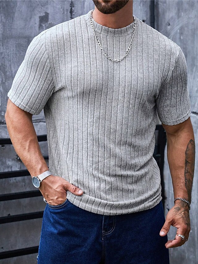 Men's T Shirt Knit Tee Tee Top Short Sleeves Crew Neck Summer Plain Pit Strip Fashion Designer Basic Knitted Vacation Street Going out Gray Top Tee for Men 6