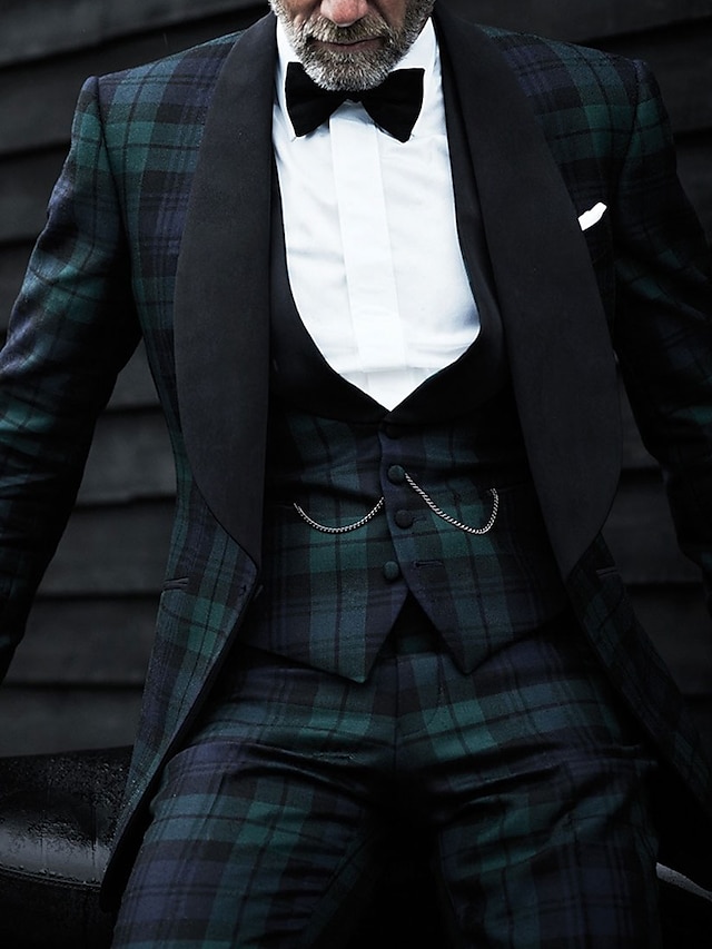  Tuxedos de Festa Masculinos Trajes Negócios Verde Xadrez Ajuste Slim 3 Peças com Um Botão