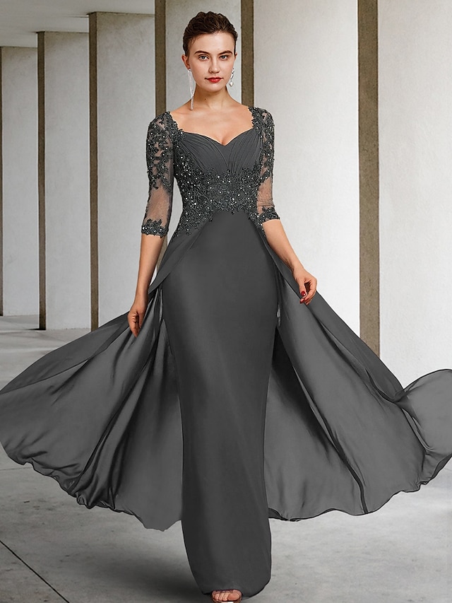  Sheath / Column Mother of the Bride Dress Formal Wedding Guest Elegant Party Square Neck Floor Length Chiffon Lace 3/4 Length Sleeve with Sequin Appliques Ruching 2024