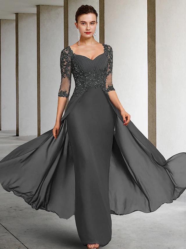 Sheath Mother of the Bride Dress Formal Wedding Guest Elegant Party Square Neck Floor Length Chiffon Lace 3/4 Length Sleeve with Sequin Appliques Ruching 9