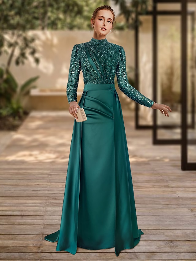  Sheath Formal Dress Evening Gown Red Green Dress Formal Sweep / Brush Train Long Sleeve Jewel Neck Satin with Pleats Ruched Sequin 2024