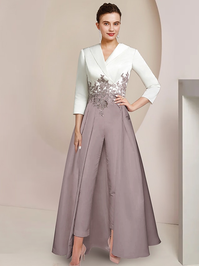  Two Piece Jumpsuit / Pantsuit Mother of the Bride Dress Formal Wedding Guest Elegant Party V Neck Ankle Length Satin Lace 3/4 Length Sleeve with Appliques Color Block 2024