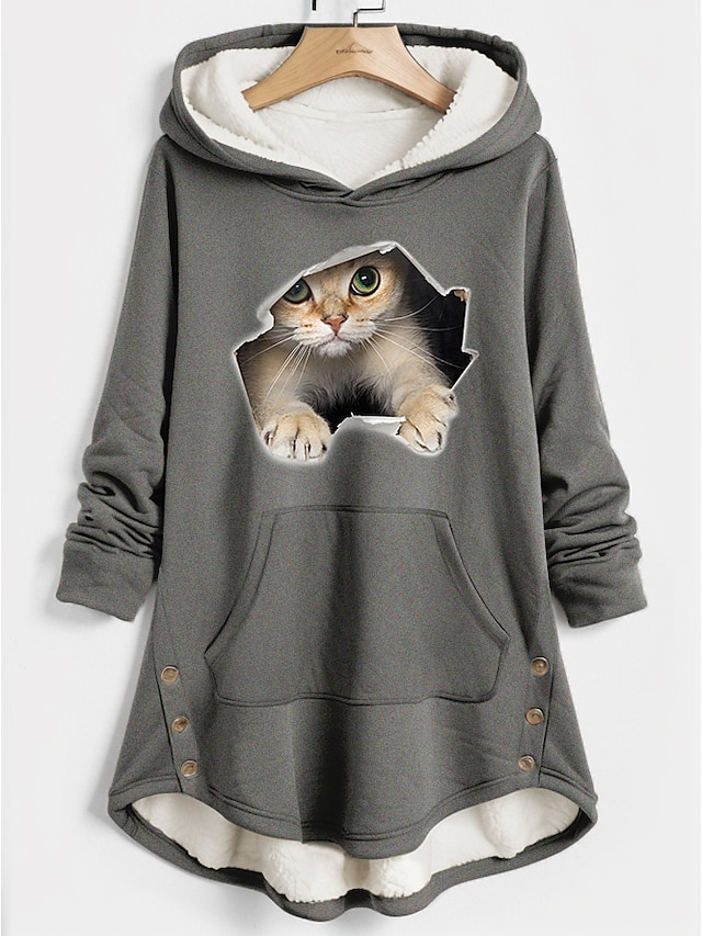  Women's Hoodie Sweatshirt Pullover Sherpa Fleece Lined Cat Casual Sports Print Button Front Pocket Pink Blue Gray Warm Funny Fuzzy Hoodie Long Sleeve Top Micro-elastic Fall & Winter