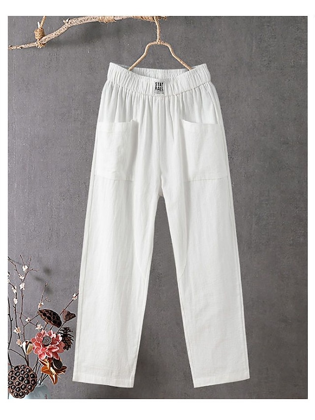  Women's Slacks Baggy Pants Linen Pocket Baggy Mid Waist Ankle-Length Black Summer