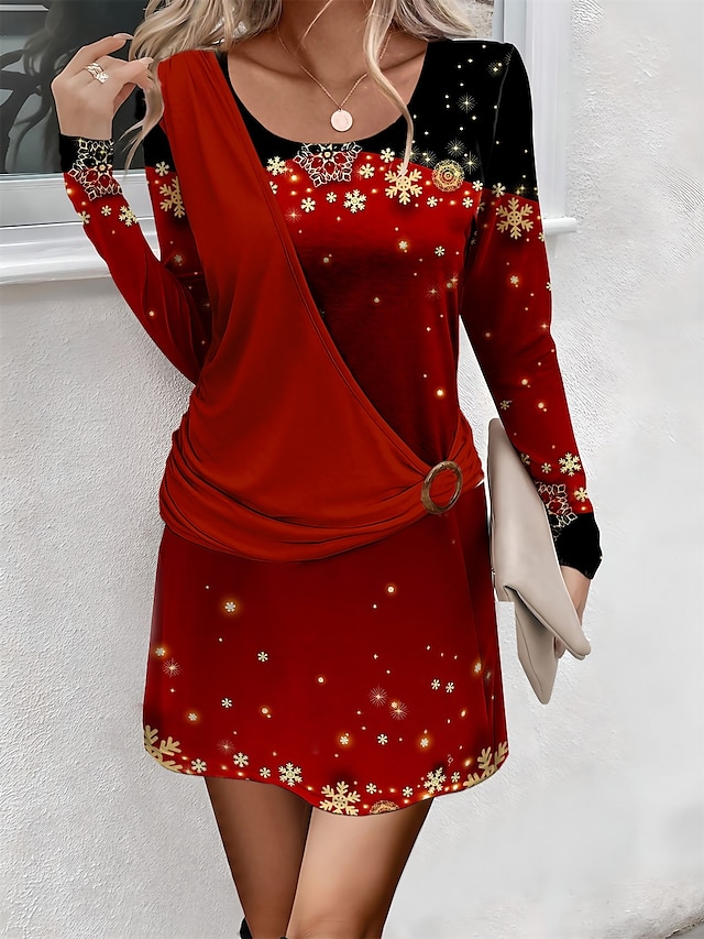  Damskie Sukienka dresowa Codzienne sukienki Sukienka mini Ciepłe Moda Na zewnątrz Urlop Wyjściowe Półgolf Nadruk Płatek śniegu Regularny Czerwony Niebieski Fuksja S M L XL XXL