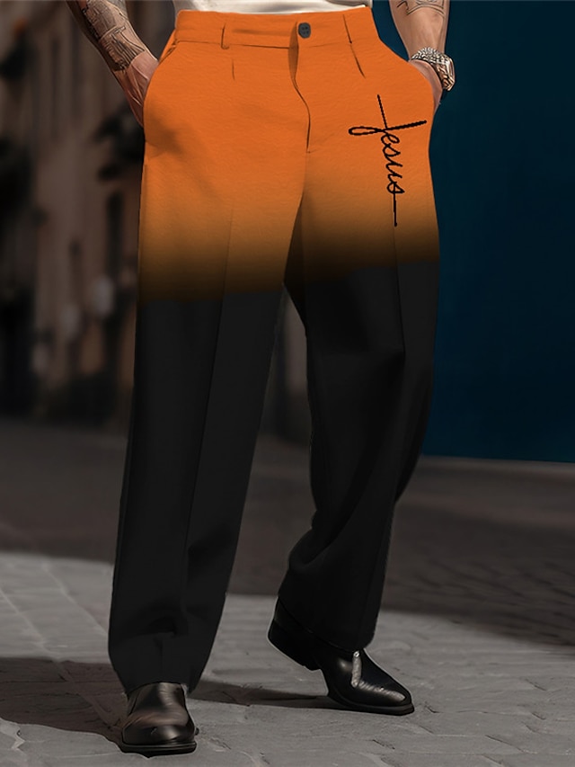  Faith Gradient Ramp Vintage Business Men's 3D Print Pants Trousers Outdoor Street Wear to work Polyester Blue Orange Green S M L High Elasticity Pants