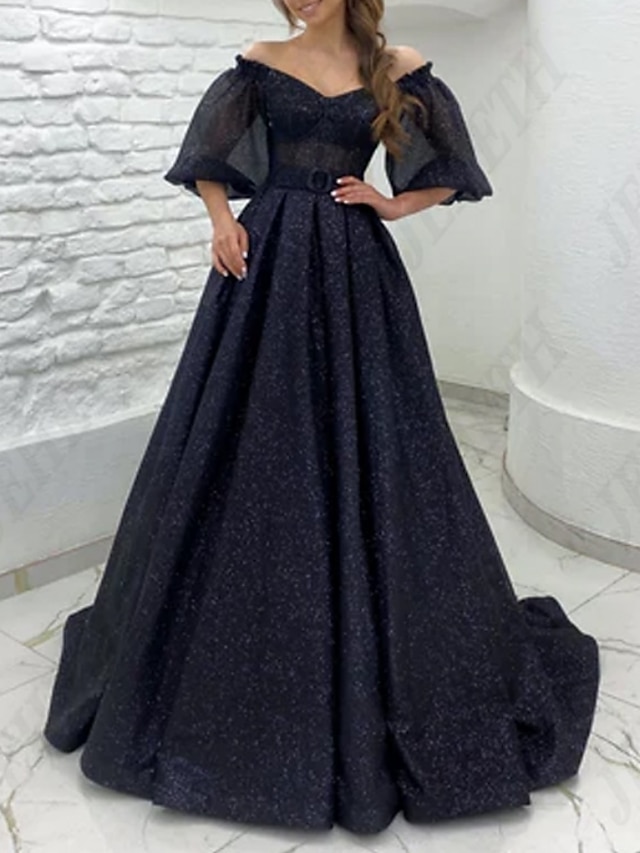 A-Line Evening Gown Elegant Dress Black Dress Formal Court Train Half ...