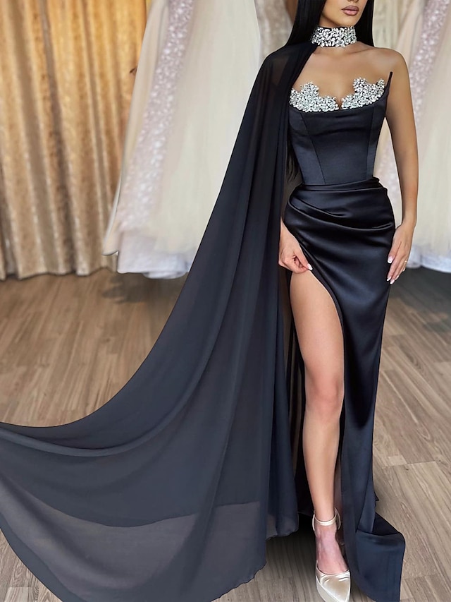  βραδινό φόρεμα γοργόνας μαύρο φόρεμα επίσημο φόρεμα μεταμφίεσης καραβάλι / βούρτσα τρενάκι αμάνικο στράπλες κάπες σατέν με στρας με σκίσιμο 2023
