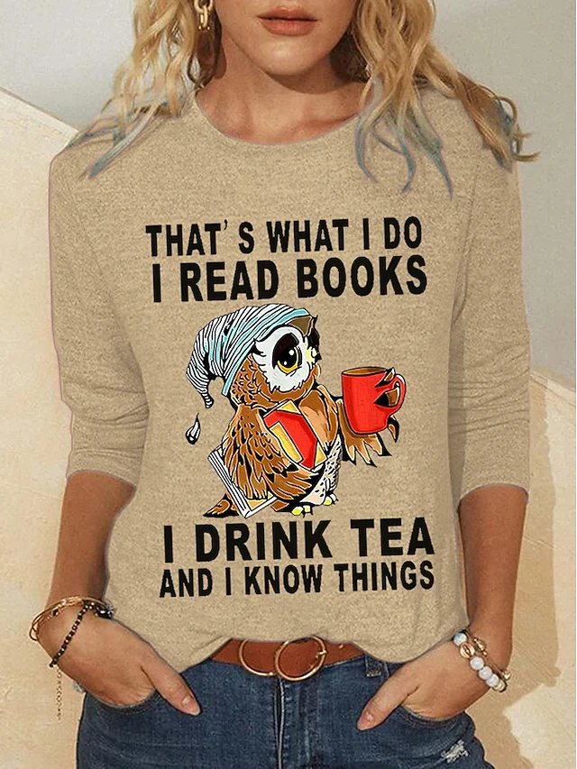 Women's T shirt Long Sleeve Owl Letter Fashion Long Sleeve Round Neck Regular Tops Daily Weekend Print Black Red Blue Green Khaki Spring & Fall Spring, Fall, Winter, Prefall 13