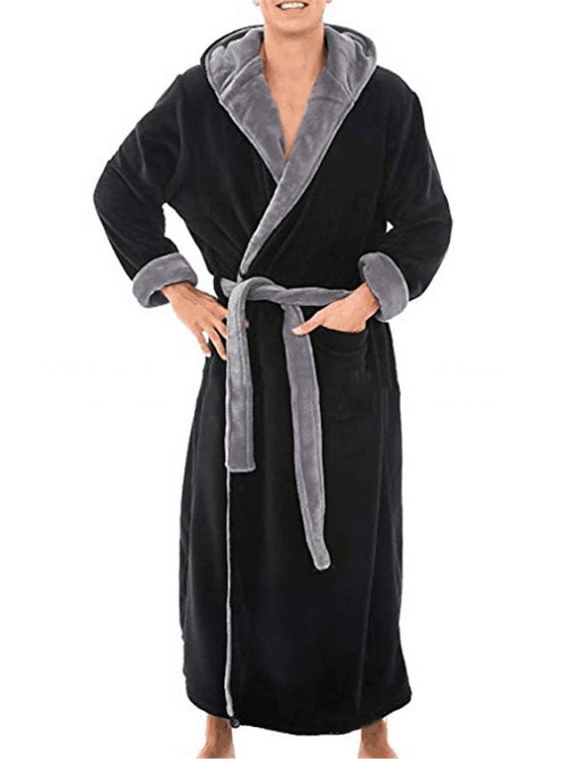  Men's Pajamas Robe Bathrobe Bath Gown Plain Stylish Casual Comfort Home Daily Bed Flannel Comfort Warm Hoodie Long Sleeve Pocket Belt Included Fall Winter Black Red