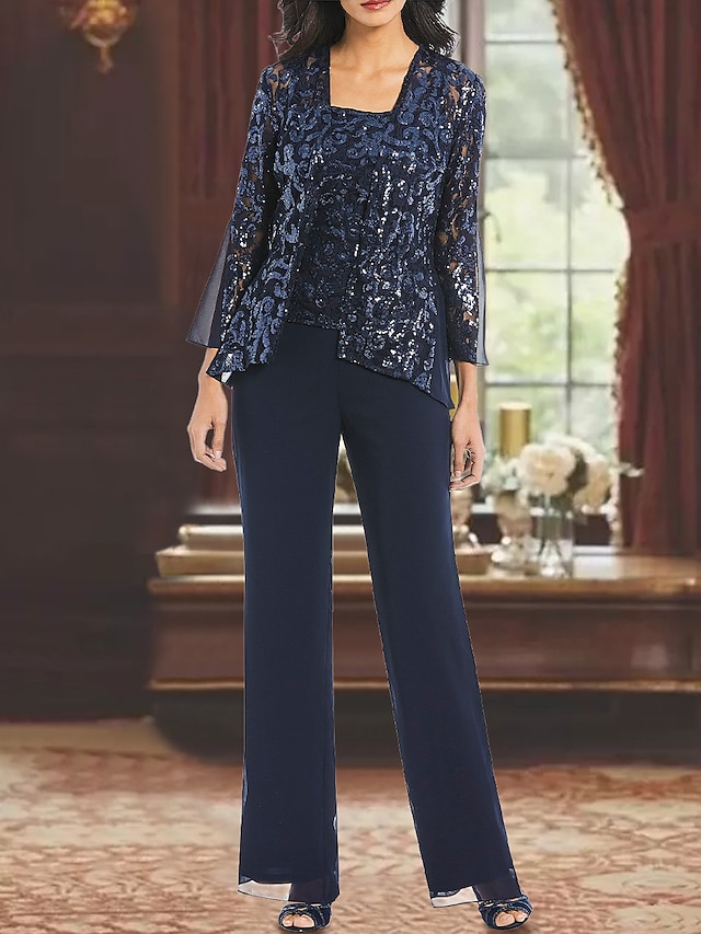  Macacão  Terno de Calça 3 Peças Mãe da Noiva Convidada de Casamento Formal Elegante Decote Quadrado Comprimento de Chão Comprimento de Chá Chiffon Renda Lantejoulas Manga 3/4 com Apliques Fenda