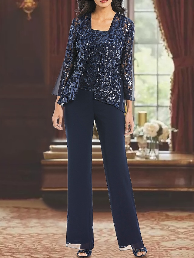  Broek 3-delig pak Moeder van de bruid jurk Formeel Bruiloft gast Elegant Vierkante hals Tot de grond Over de knie Chiffon Kant Pailletten 3/4 mouw met Appliqués Split voorzijde 2024