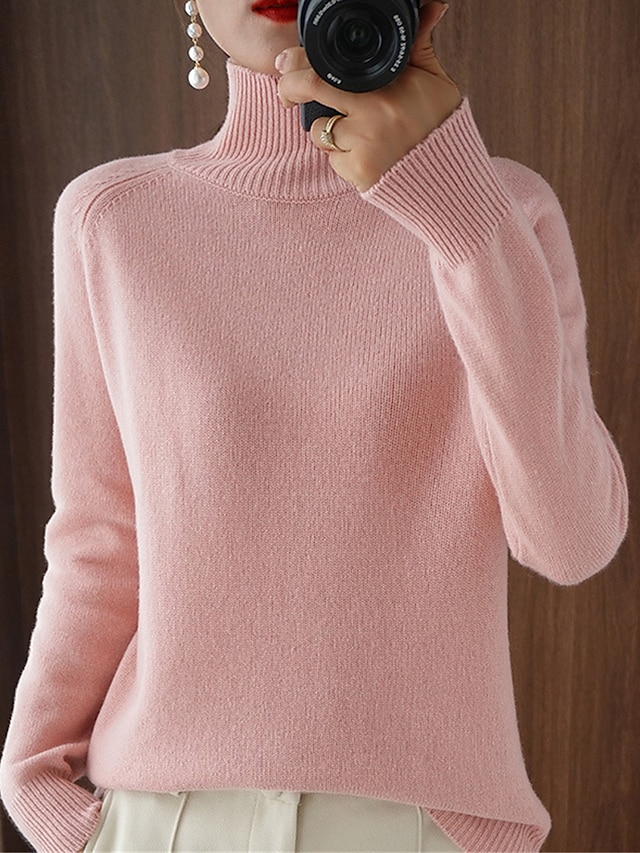  Women's Pullover Sweater Jumper Stand Collar Ribbed Knit Polyester Knitted Fall Winter Regular Outdoor Daily Holiday Fashion Streetwear Casual Long Sleeve Solid Color Black White Pink M L XL