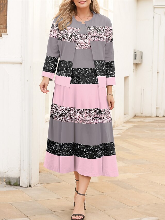 Women's Plus Size Curve Casual Dress Dress Set Two Piece Dress Stripe