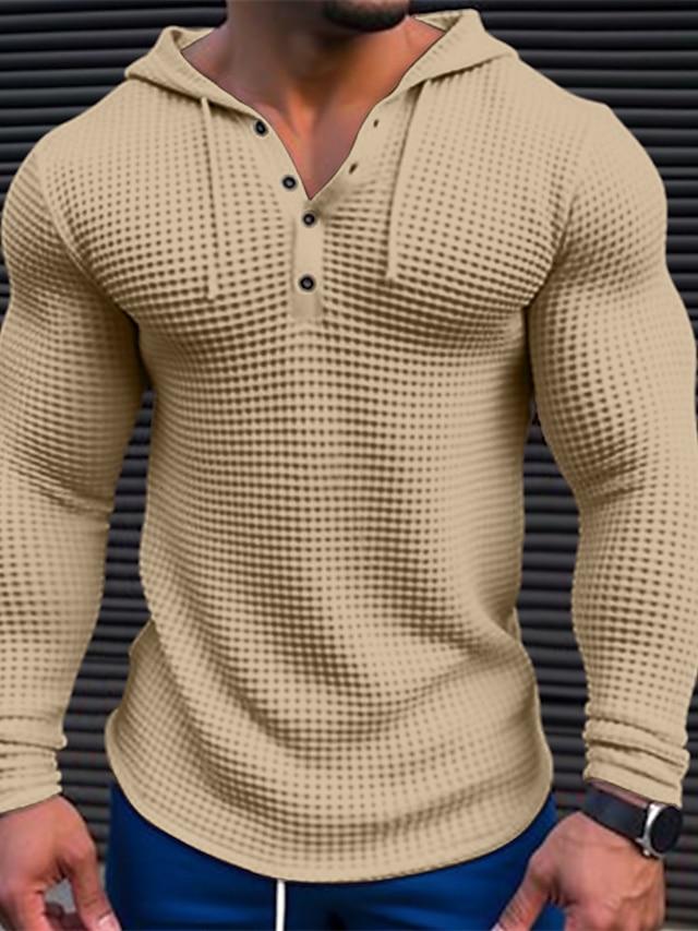  Herr T-shirt Waffle Henley Shirt T-tröja Långärmad tröja Färgblock Huva Gata Semester Långärmad Lappverk Kläder Mode Designer Grundläggande