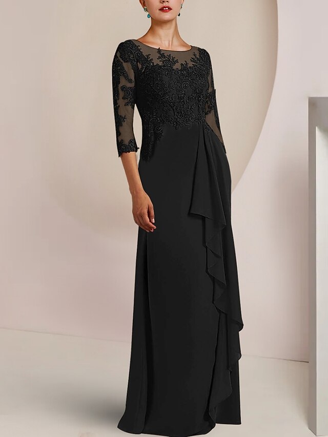 A-Line Mother of the Bride Dress Elegant V Neck Sweep / Brush Train Chiffon Half Sleeve with Sash / Ribbon Ruffles main image 0
