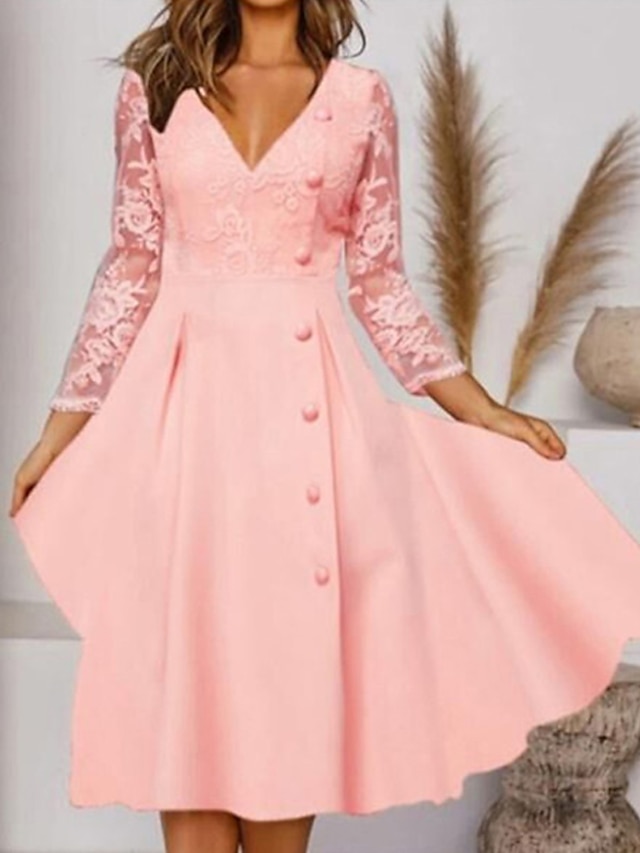  Mulheres Vestido de festa Vestido de renda Vestido Swing Vestido midi Rosa Manga 3/4 Cor imaculada Renda Verão Primavera Outono Decote V Elegante Férias 2023 S M L XL XXL