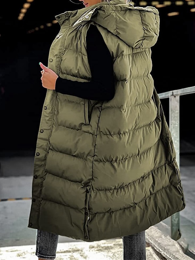  Women's Puffer Vest Long Winter Coat Sleeveless Hooded Jacket Thermal Warm Parka Windproof Gilet Zipper Outerwear Fall