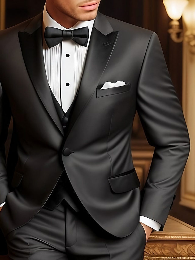  Black Men's Prom Suits Wedding Party Evening Tuxedos 3 Piece Solid Colored Peak Plus Size Tailored Fit Single Breasted One-button 2024