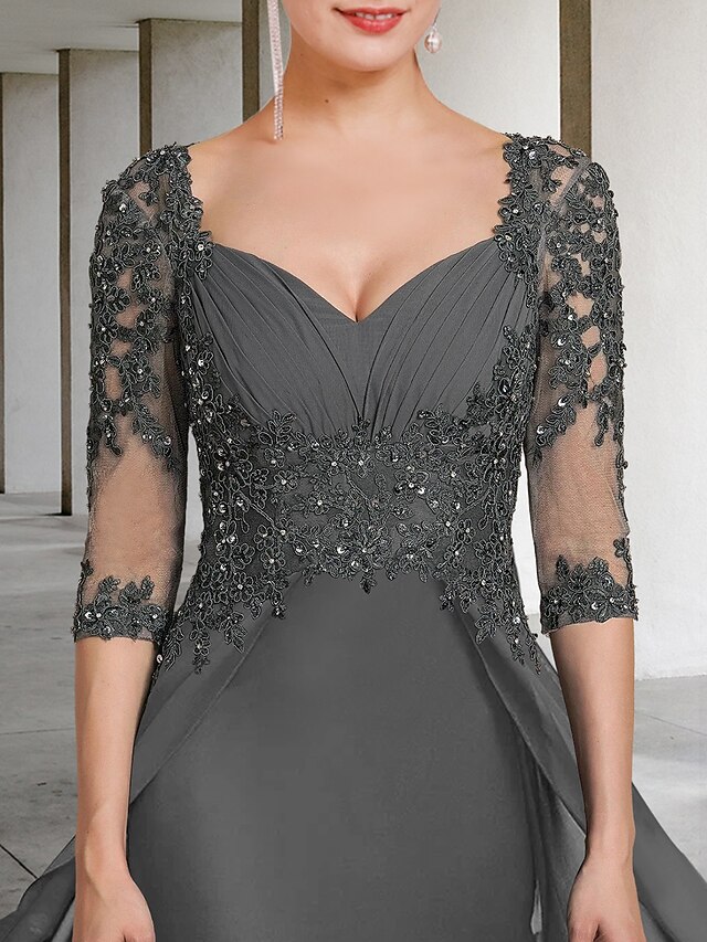 Square Puff Sleeves Belt Sheath Fitted Mother of Bride Dress