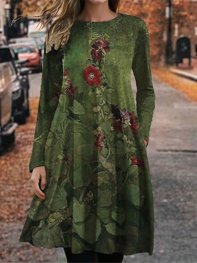  نسائي لباس غير رسمي فستان الشتاء ورد جيب طباعة رقبة عالية مدورة فستان ميدي كم طويل الخريف الشتاء