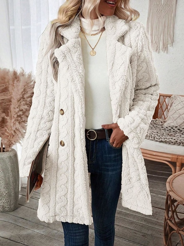  Women's Teddy Coat Fleece Sherpa Jacket Double Breasted Lapel Flannel Winter Coat Fall Windproof Thermal Warm Cream Heated Jacket Outerwear Long Sleeve Fall Black Apricot