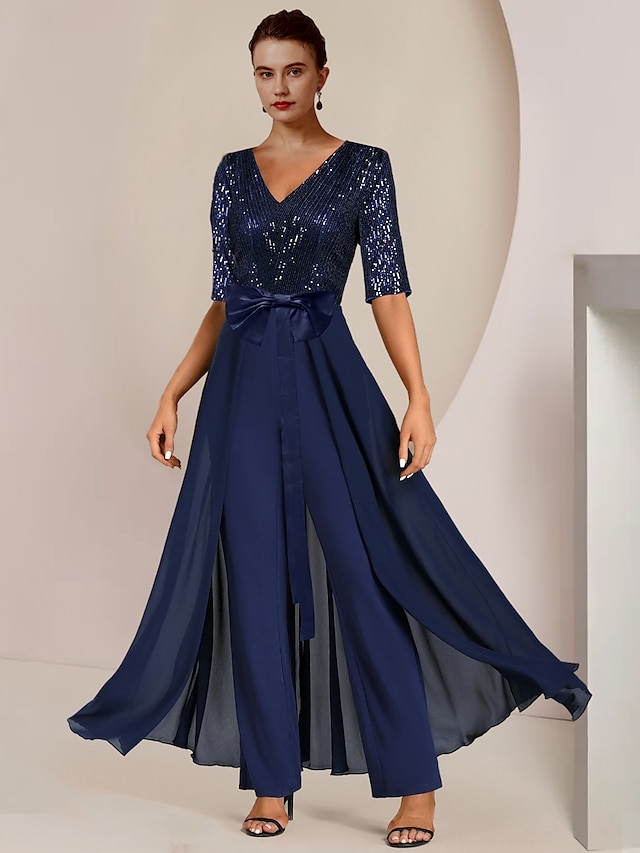  Jumpsuit / Pantsuit Mother of the Bride Dress Formal Wedding Guest Elegant Scoop Neck Ankle Length Chiffon Sequined Half Sleeve with Bow(s) Sequin 2024