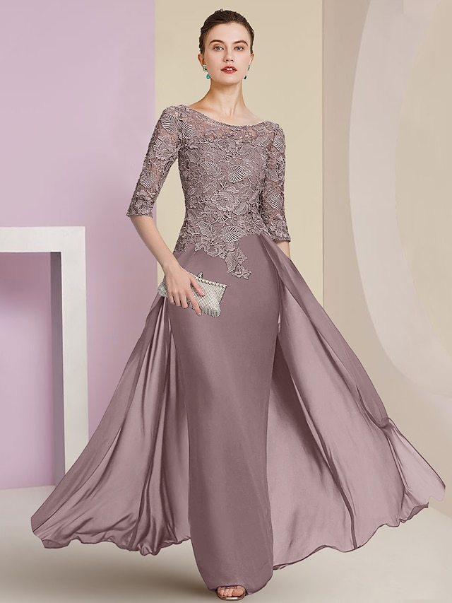 Sheath / Column Mother of the Bride Dress Formal Wedding Guest Elegant Scoop Neck Knee Length Stretch Chiffon Long Sleeve with Beading main image 0