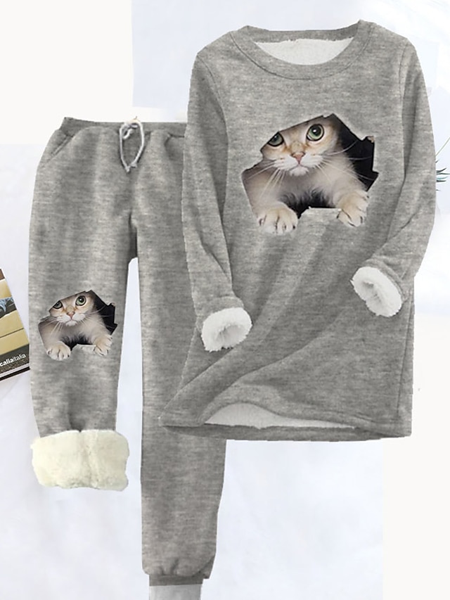  Women's Pajamas Sets Animal Cat Fashion Comfort Soft Carnival Home Christmas Polyester Warm Gift Crew Neck Long Sleeve Hoodie Pant Fall Winter Red Gray