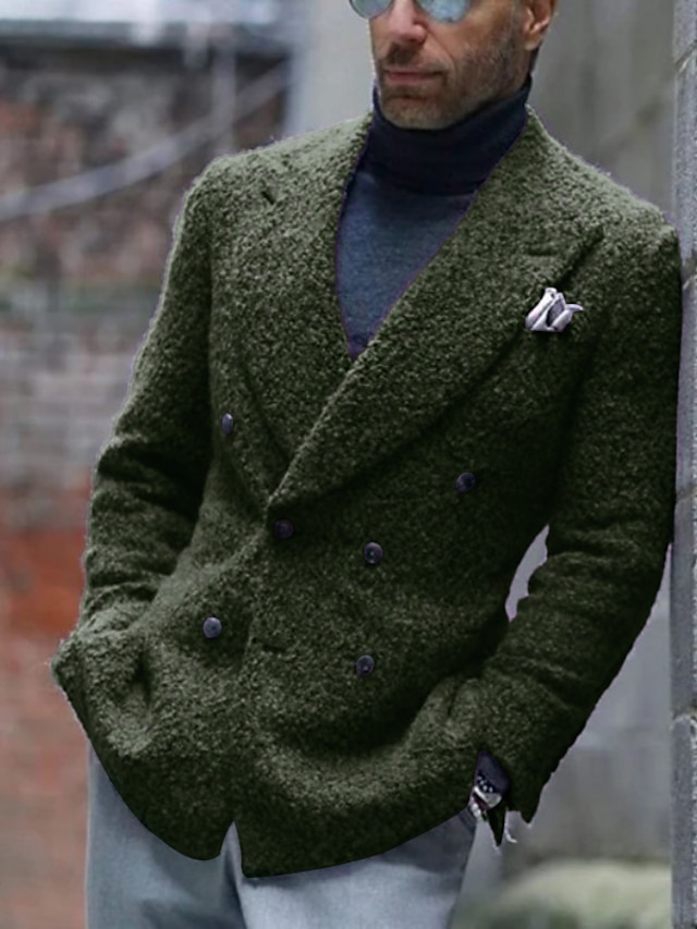  Мужской модный повседневный пиджак флисовый пиджак с нагрудным карманом плюс размер стандартного кроя однотонный двубортный с шестью пуговицами фиолетовый серый 2024