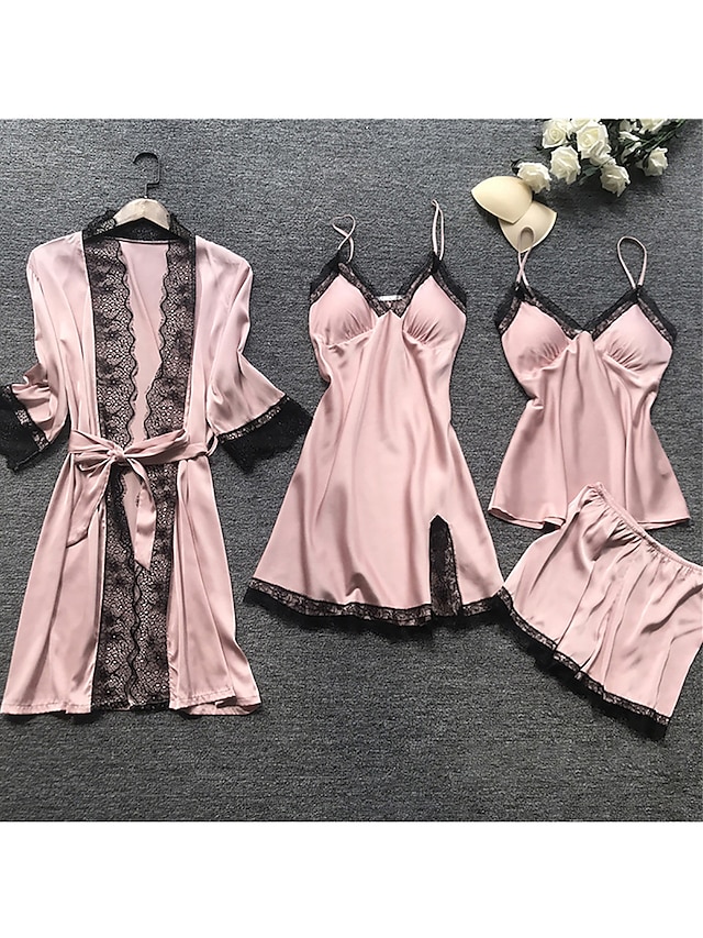  Women's Satin Silk Pajamas Sets 4 Pieces Pure Color Simple Casual Soft Home Daily Bed Satin Breathable V Wire Long Sleeve Robe Top Shorts Elastic Waist Summer Spring Black Champagne