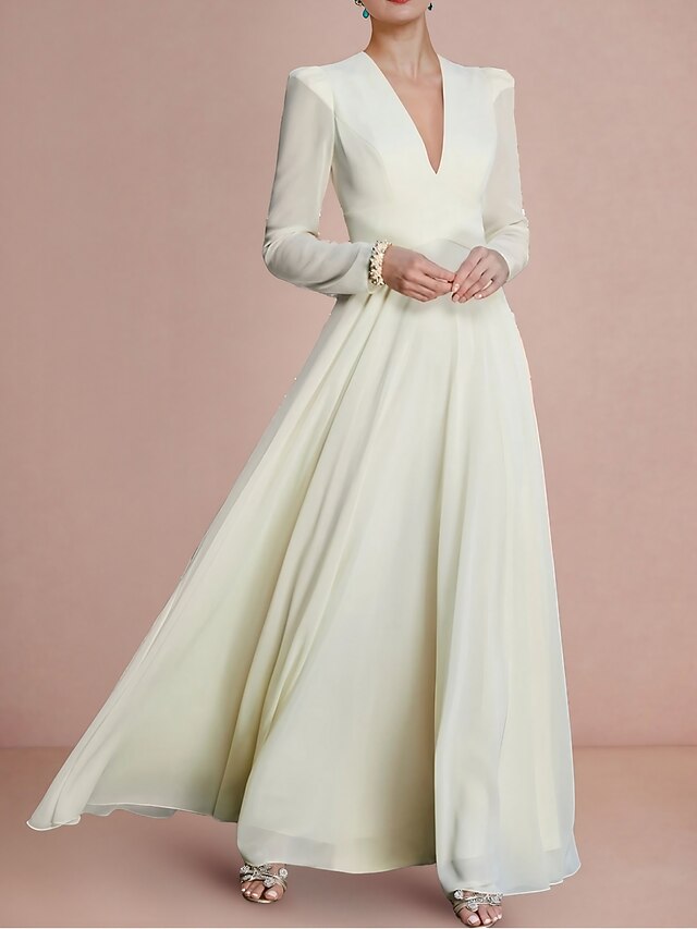 Reception Little White Dresses Wedding Dresses A-Line V Neck Long Sleeve Ankle Length Chiffon Bridal Gowns With Solid Color