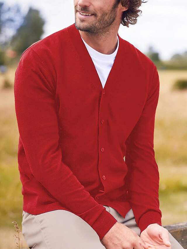  Men's Cardigan Sweater Knitted Cardigan Ribbed Knit Regular Knitted Plain V Neck Warm Ups Modern Contemporary Daily Wear Going out Clothing Apparel Winter Black Red S M L
