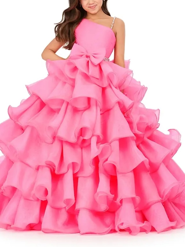  Princess Floor Length Flower Girl Dress Pageant & Performance Girls Cute Prom Dress Chiffon with Bow(s) Tiered Plisse Fit 3-16 Years