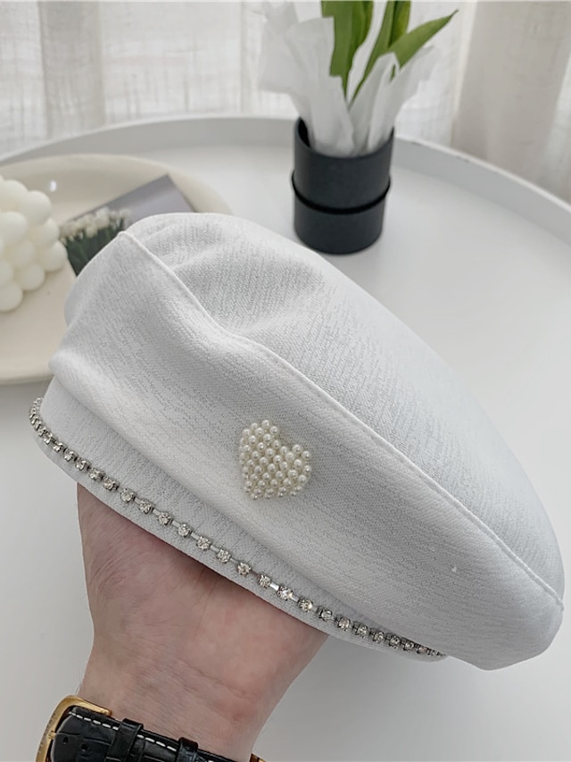  Faux Pearl Heart Decor Beret Elegant Solid Color Beret Hats Classic French Style Painter Cap For Women