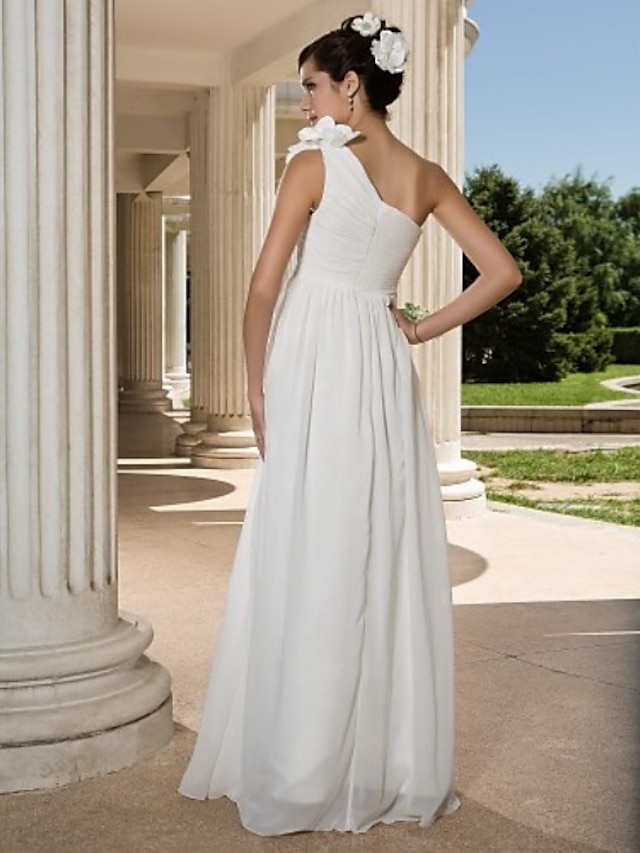  Sheath / Column Wedding Dresses One Shoulder Floor Length Chiffon Sleeveless See-Through with Flower Criss-Cross Side-Draped 2022